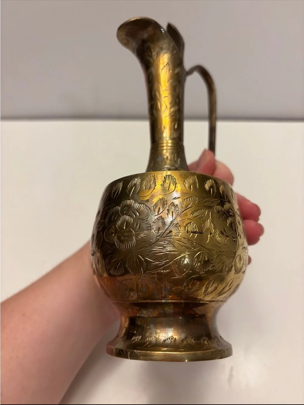 vintage etched brass pitcher